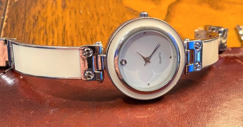 Women's 34mm Silver Tone Quartz Watch With Enamel Accents